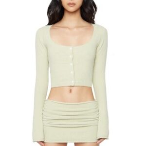 Danielle Guizio Sweet Knit Scoop Cardigan Sweater Top Crop Buttons Fuzzy Green